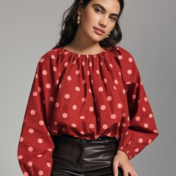 Anthropologie Maeve Poplin Bubble Up Blouse In Red Polka Dot Size XS NWT - Picture 1 of 12